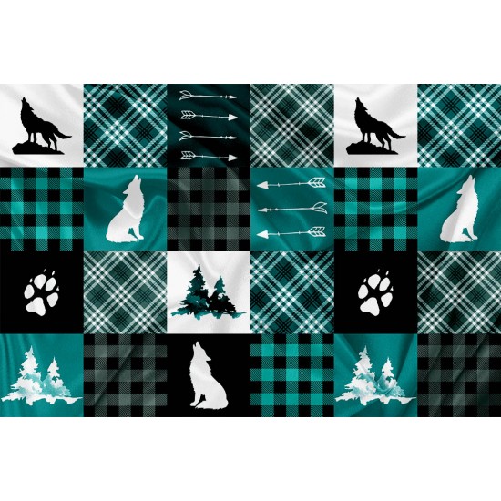 Printed Cuddle Minky Patchwork Teal Wolf - PRINT IN QUEBEC IN OUR WORKSHOP